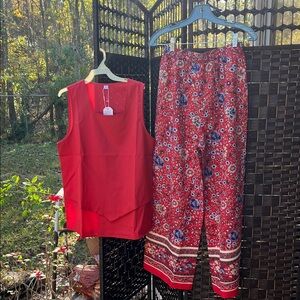 Red Sleeveless Top and Floral Pants Set